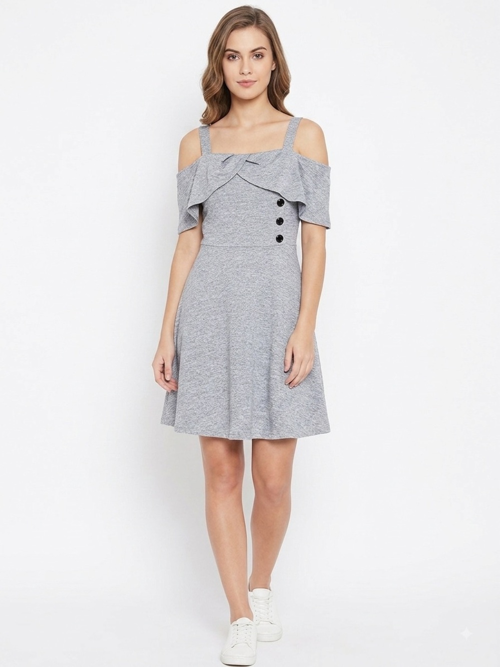 Grey Ruffle-Front Sleeveless Dress with Button Detail